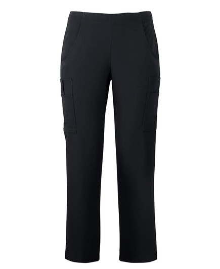 A pair of black cargo pants featuring side pockets and a comfortable fit. Includes a logo on the waistband.